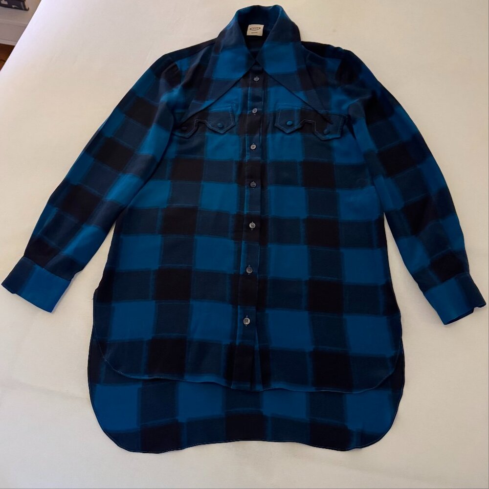 Tod's Button-Down Elaborate Collar Shirt | Blue & Black Plaid | Size IT 38 US 4